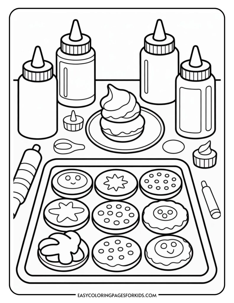 Coloring page of a kitchen table with decorated cookies on a baking tray, surrounded by bottles of icing, a cupcake, a rolling pin, and spoon.