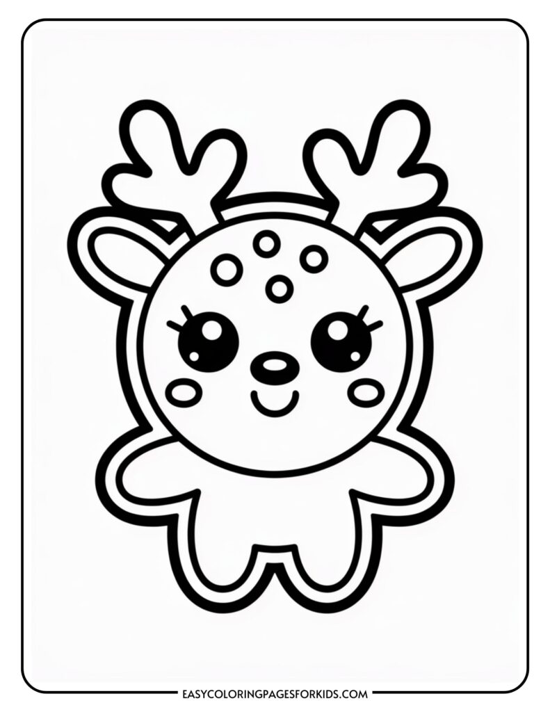 Cute, cartoon-style deer with large eyes, antlers, and spots on its head, designed as a coloring page for kids.