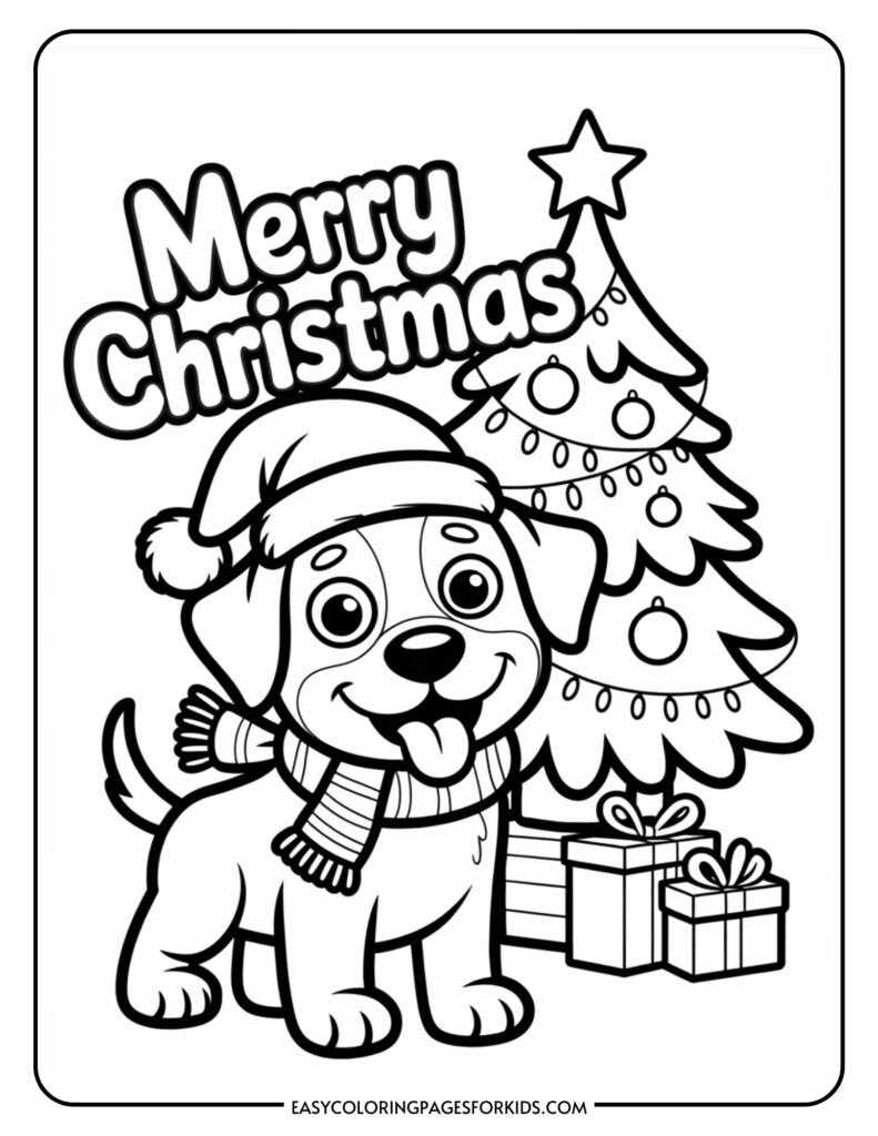 A Christmas coloring page featuring a cheerful dog wearing a Santa hat and scarf, standing in front of a decorated Christmas tree with presents underneath. The words "Merry Christmas" are written above the dog.