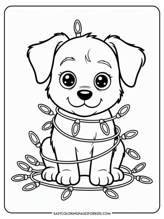 A drawing of a cute puppy sitting with holiday lights wrapped around its body, looking cheerful and playful.