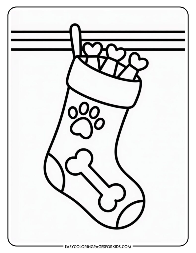 A coloring page of a Christmas stocking decorated with a bone and paw print, hung on a mantle with several heart-topped treats sticking out.