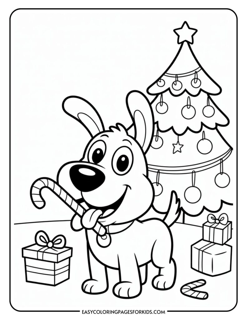 A cartoon dog holding a candy cane stands in front of a decorated Christmas tree with presents underneath.