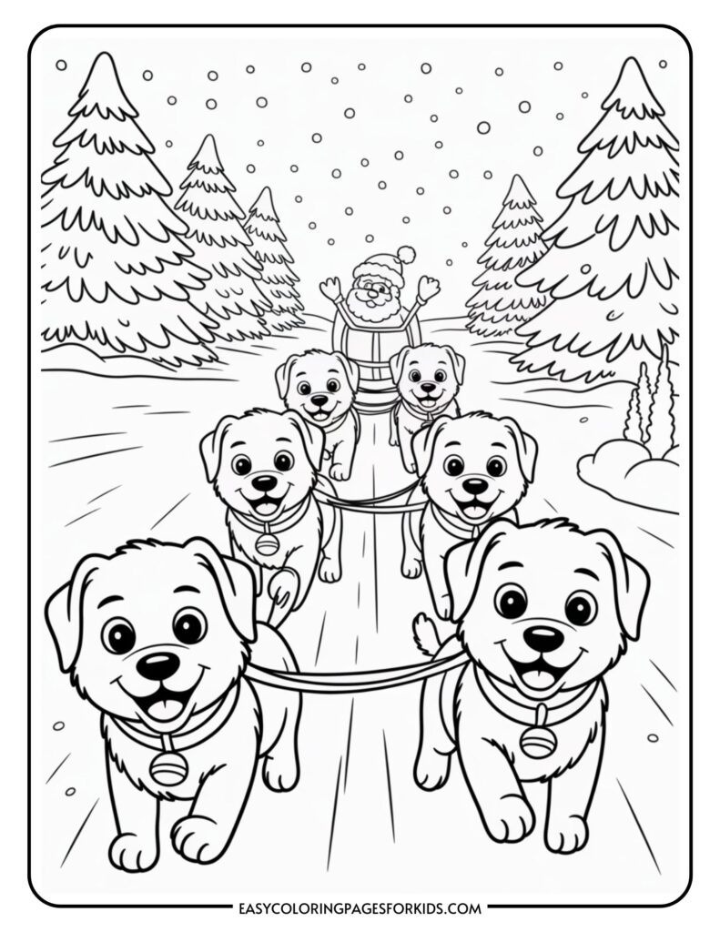 A coloring page depicting a joyful scene with four puppies pulling a sled through a snowy landscape, led by a character dressed as Santa Claus waving cheerfully. The background features snow-covered pine trees and falling snowflakes.