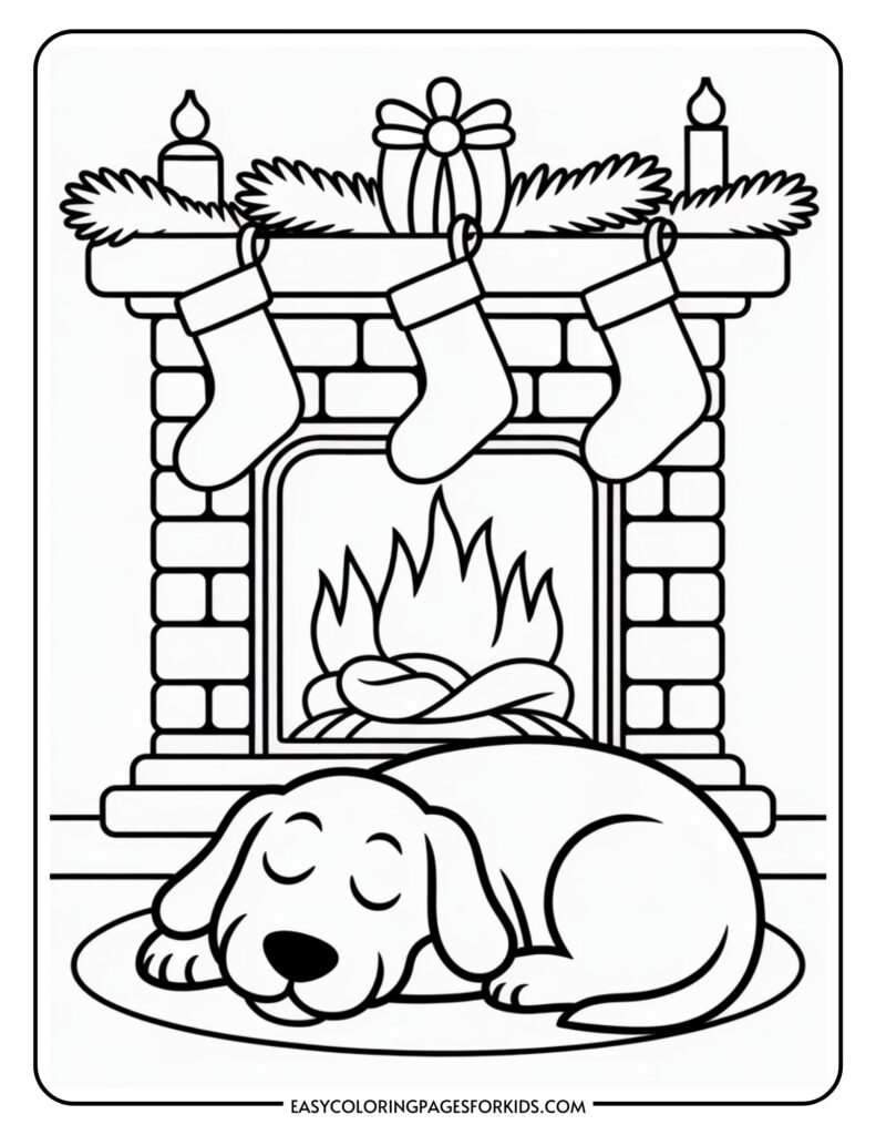 A coloring page depicting a cozy scene with a dog sleeping in front of a fireplace. Above the fireplace are three hanging stockings, a gift box, and two candles. There is a garland on the mantel, and a fire burning in the fireplace.