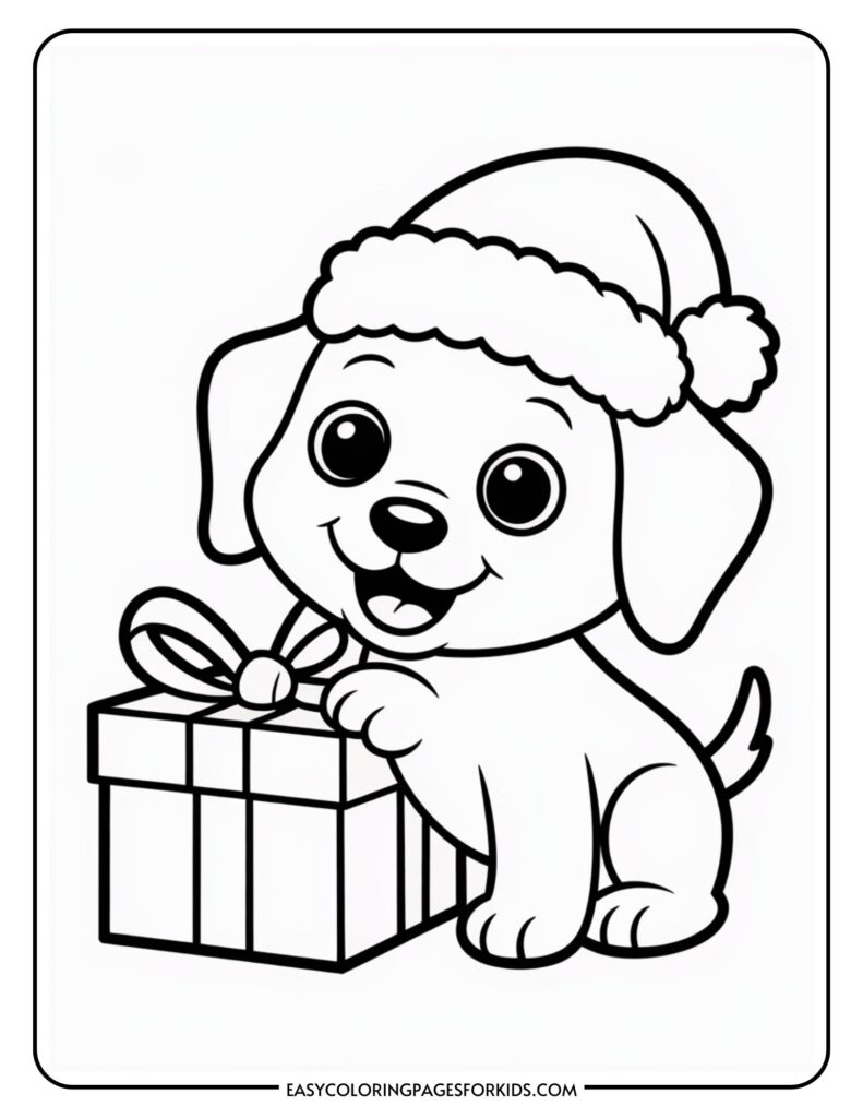 A cute cartoon puppy wearing a Santa hat, sitting next to a wrapped gift with a bow, outlined in black and white for coloring.