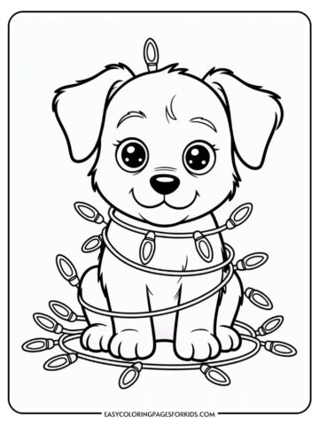 A drawing of a cute puppy sitting with holiday lights wrapped around its body, looking cheerful and playful.