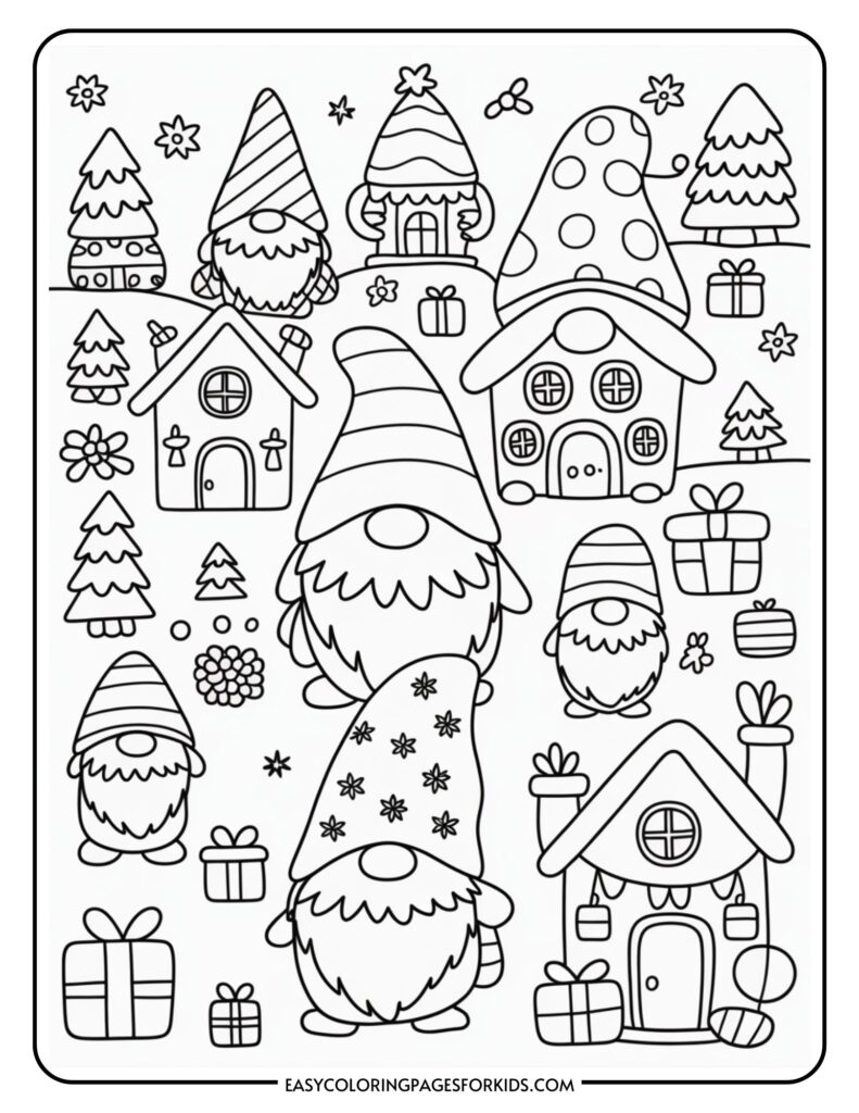 A coloring page featuring whimsical gnomes with large hats, surrounded by festive houses, trees, stars, and gift boxes.
