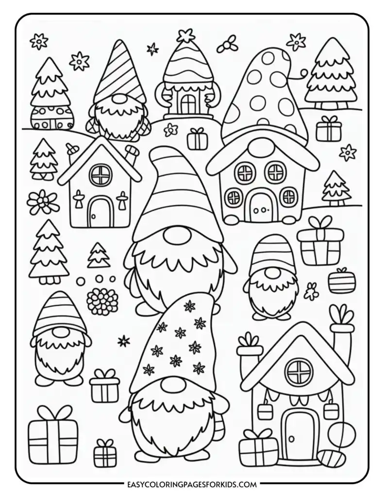 A coloring page featuring whimsical gnomes with large hats, surrounded by festive houses, trees, stars, and gift boxes.