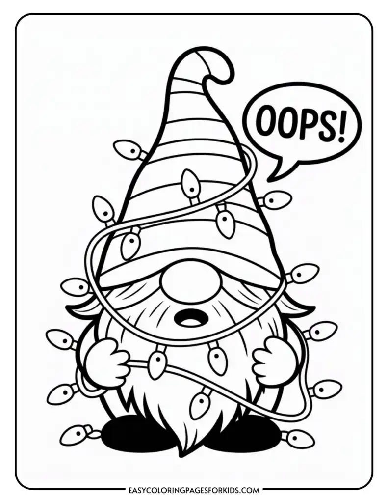 A cartoon gnome entangled in a string of holiday lights, wearing a striped hat, with a speech bubble saying 'OOPS!' above its head.