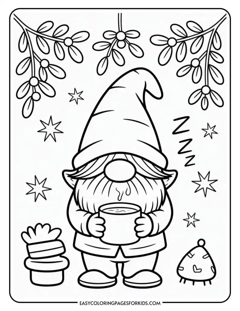 A coloring page featuring a gnome with a large hat holding a steaming mug. The gnome is surrounded by stars, a gift box, and a hat. Above are branches with leaves and berries.