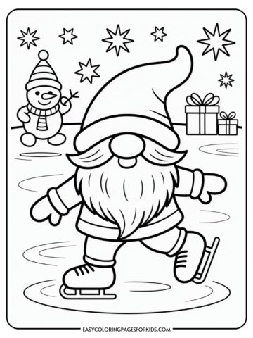 A coloring page featuring a bearded gnome in a tall hat and mittens ice skating on a frozen pond, with a cheerful snowman and wrapped gifts in the background under a starry sky.