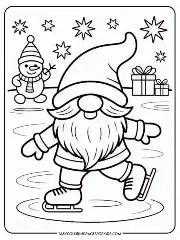 A coloring page featuring a bearded gnome in a tall hat and mittens ice skating on a frozen pond, with a cheerful snowman and wrapped gifts in the background under a starry sky.