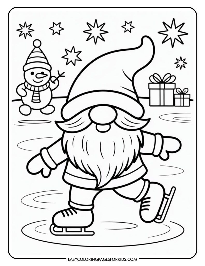 A coloring page featuring a bearded gnome in a tall hat and mittens ice skating on a frozen pond, with a cheerful snowman and wrapped gifts in the background under a starry sky.