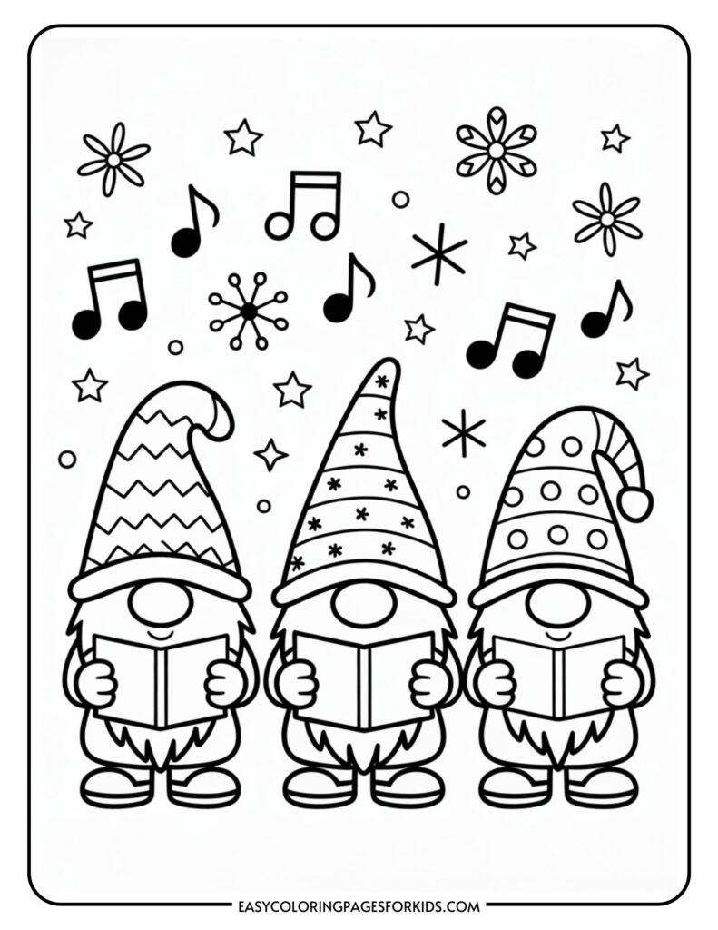 A black and white coloring page featuring three gnomes in tall, decorated hats, each holding a book as if singing. Musical notes, stars, and snowflake designs are scattered around them.