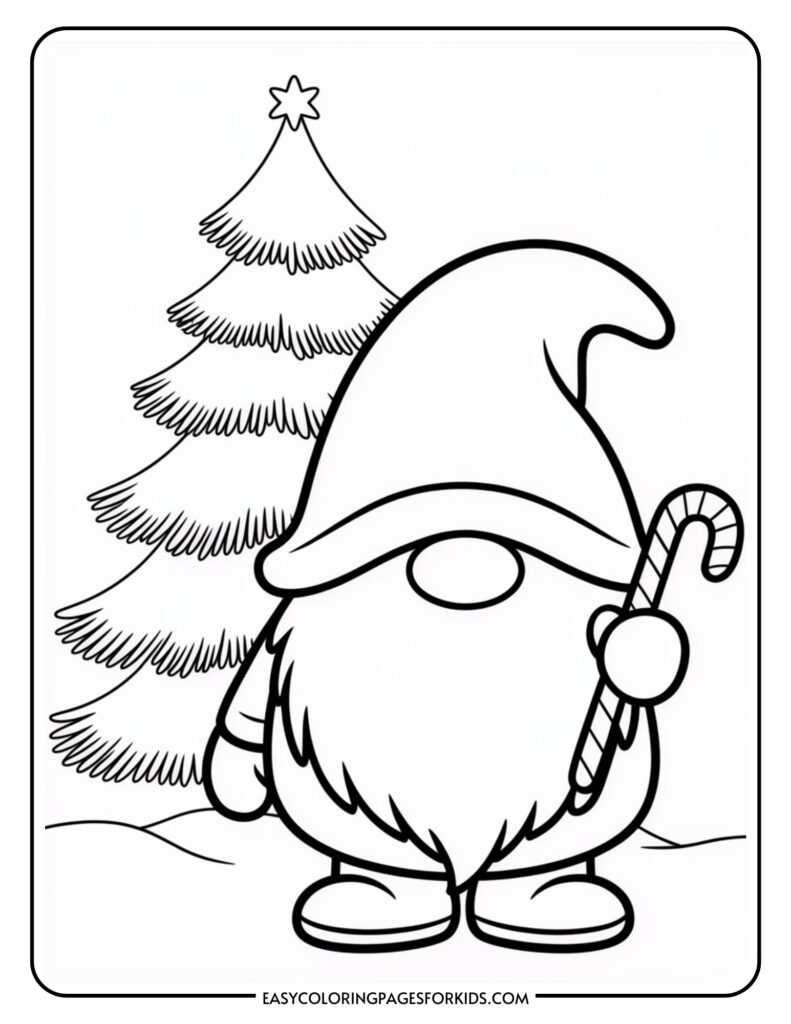 Black and white illustration of a gnome holding a candy cane in front of a Christmas tree with a star on top.