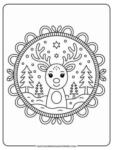 A children's coloring page featuring a smiling reindeer with antlers surrounded by trees and stars, encircled by a decorative border.