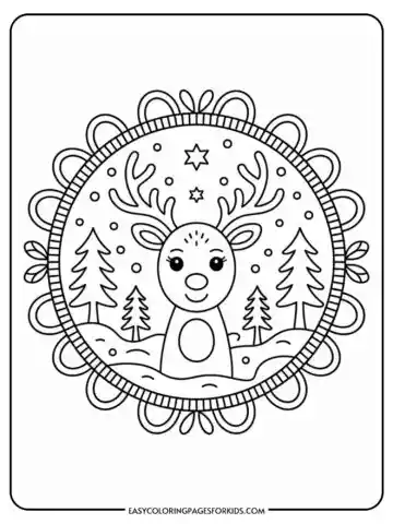 A children's coloring page featuring a smiling reindeer with antlers surrounded by trees and stars, encircled by a decorative border.