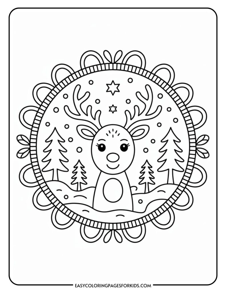 A children's coloring page featuring a smiling reindeer with antlers surrounded by trees and stars, encircled by a decorative border.