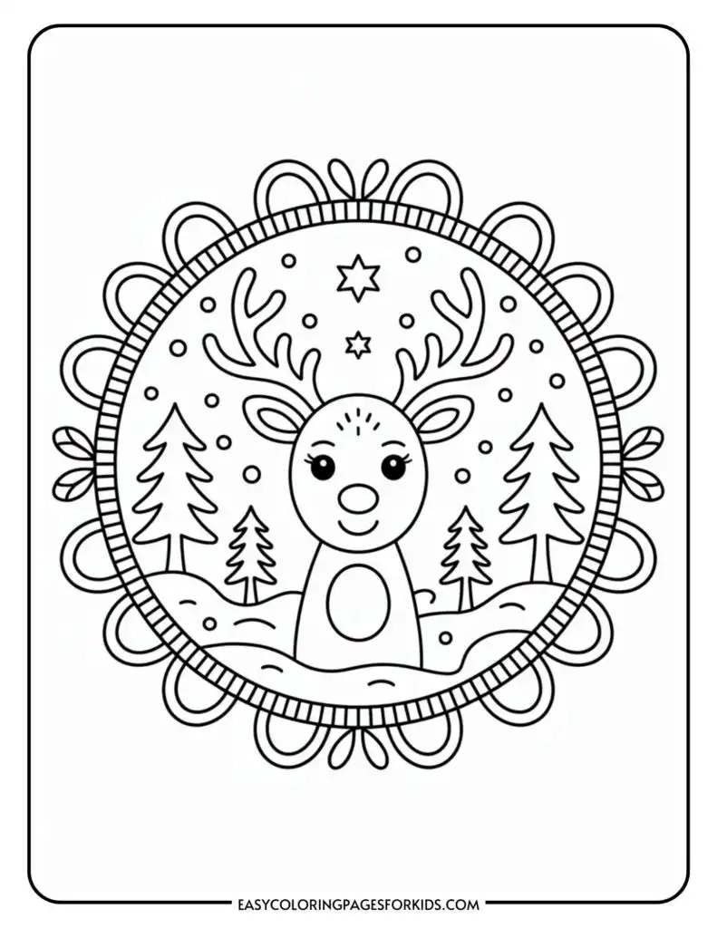 A children's coloring page featuring a smiling reindeer with antlers surrounded by trees and stars, encircled by a decorative border.