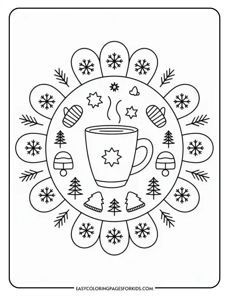 A coloring page featuring a steaming cup with a winter-themed design inside a circular frame. The frame is decorated with snowflakes, mittens, winter hats, pine branches, and stars. The drawing is intended for coloring activities.