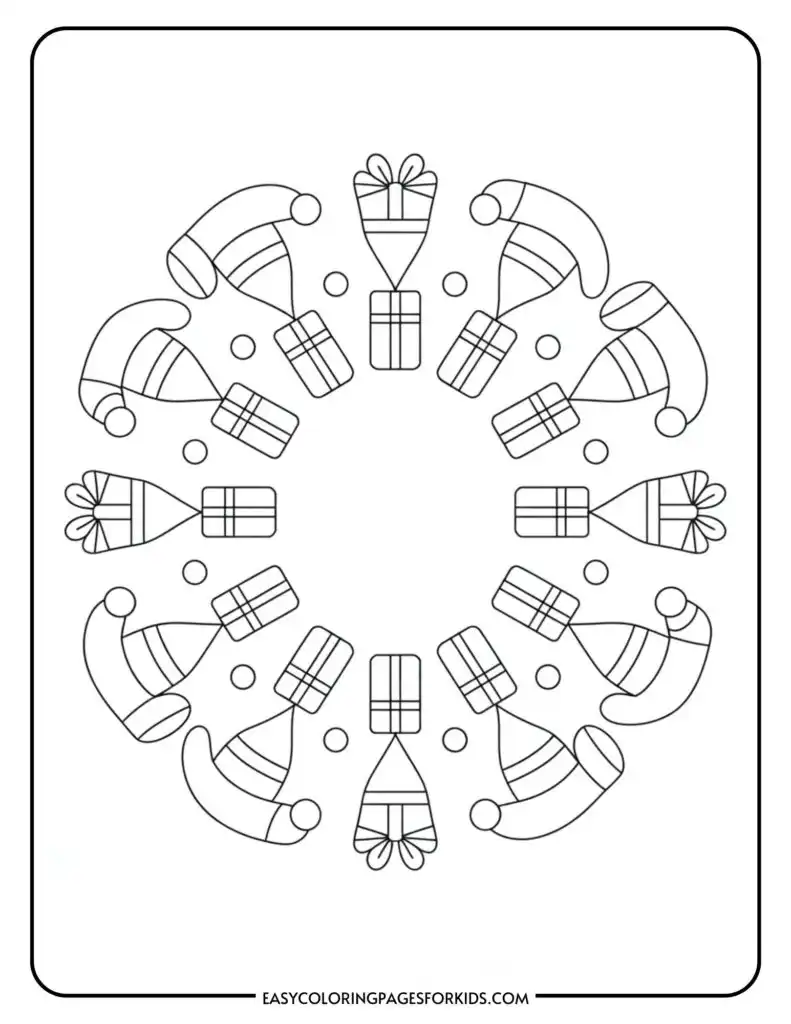 Mandala-style coloring page featuring alternating patterns of Santa hats and wrapped gifts, surrounded by circular decorations.