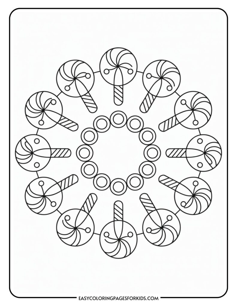 A circular pattern of lollipops with swirled designs and round candies in the center, designed for coloring.
