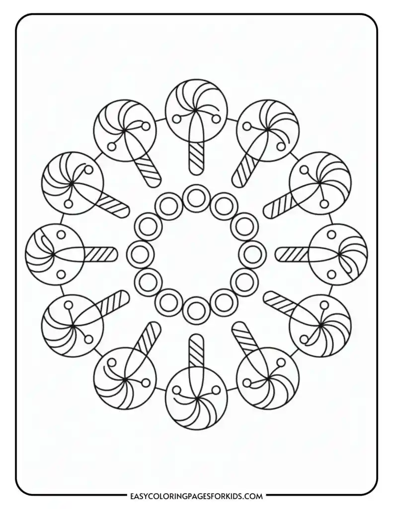 A circular pattern of lollipops with swirled designs and round candies in the center, designed for coloring.