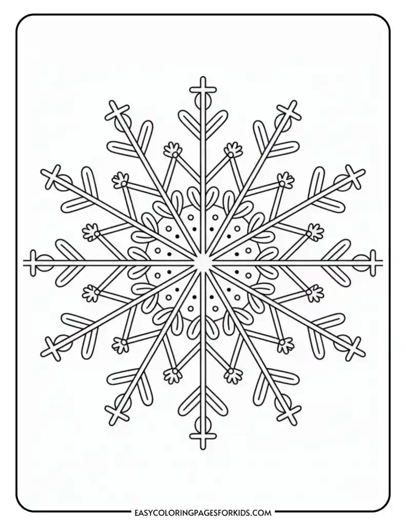 A black and white snowflake coloring page featuring a detailed and symmetrical snowflake design with multiple branches and intricate patterns, set within a rectangular border.