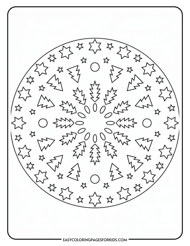 A circular mandala design featuring star and Christmas tree shapes arranged symmetrically around the center, with smaller star and circle details filling the spaces between the larger shapes.
