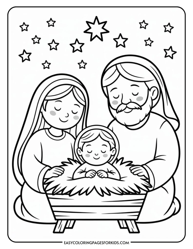 Illustrated nativity scene with a smiling baby in a manger, surrounded by a man and woman looking down fondly, with a starry night sky above.