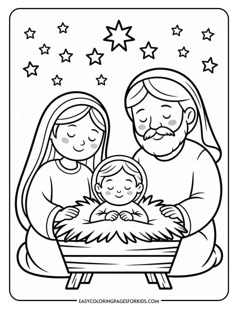 Illustrated nativity scene with a smiling baby in a manger, surrounded by a man and woman looking down fondly, with a starry night sky above.
