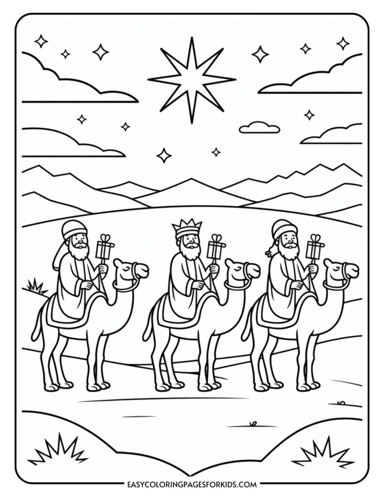 A coloring page depicting three wise men riding camels under a starry night sky, with a prominent star above them. The landscape features rolling hills and distant mountains.