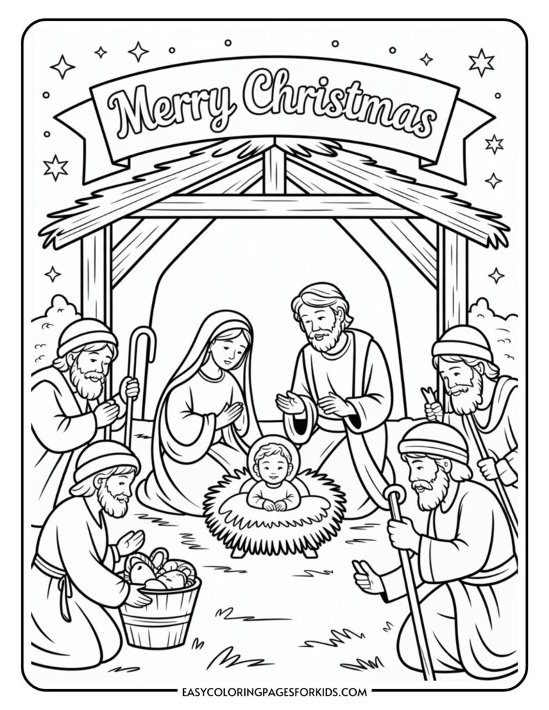 A coloring page depicting the nativity scene with the baby Jesus in a manger, surrounded by Mary, Joseph, and three shepherds, under a thatched roof. A banner above reads 'Merry Christmas.'