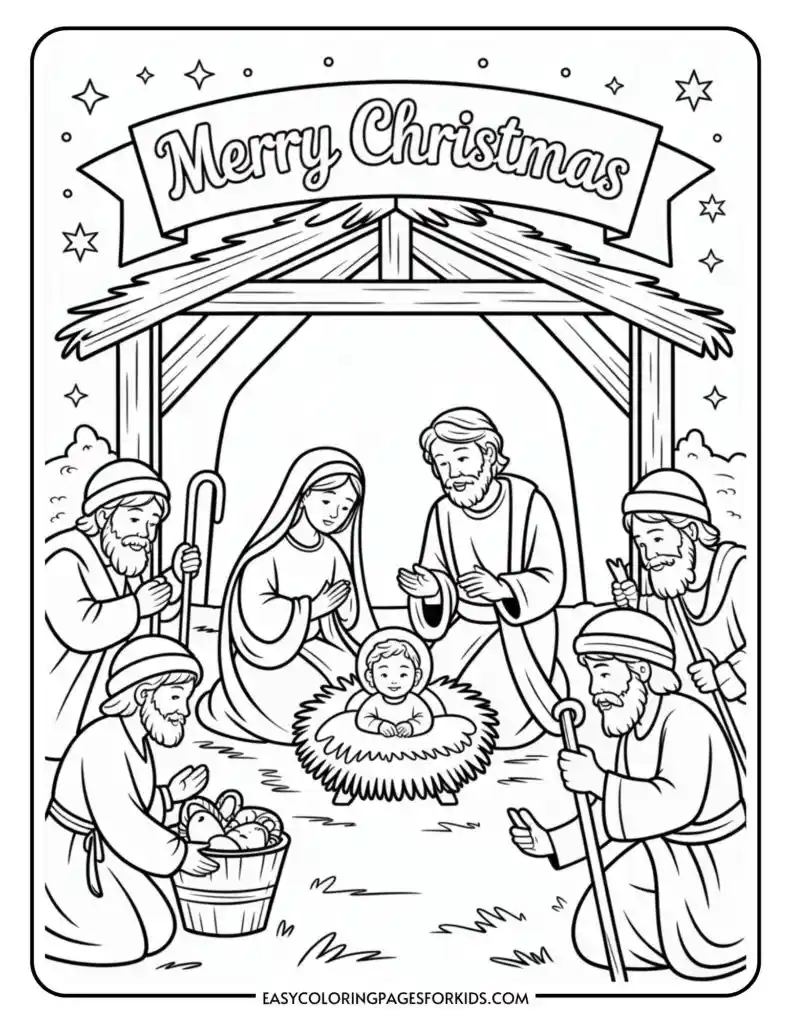 A coloring page depicting the nativity scene with the baby Jesus in a manger, surrounded by Mary, Joseph, and three shepherds, under a thatched roof. A banner above reads 'Merry Christmas.'