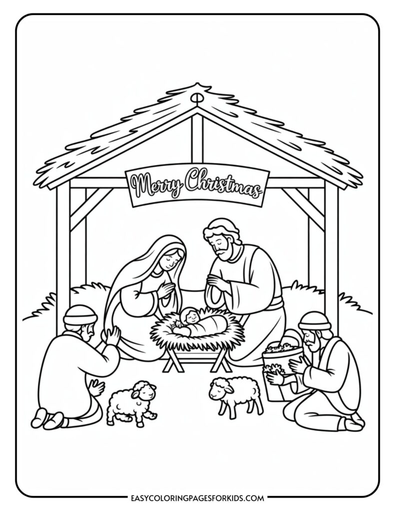 A coloring page featuring a nativity scene with Mary, Joseph, and baby Jesus in a manger surrounded by shepherds and sheep under a stable with a 'Merry Christmas' sign.
