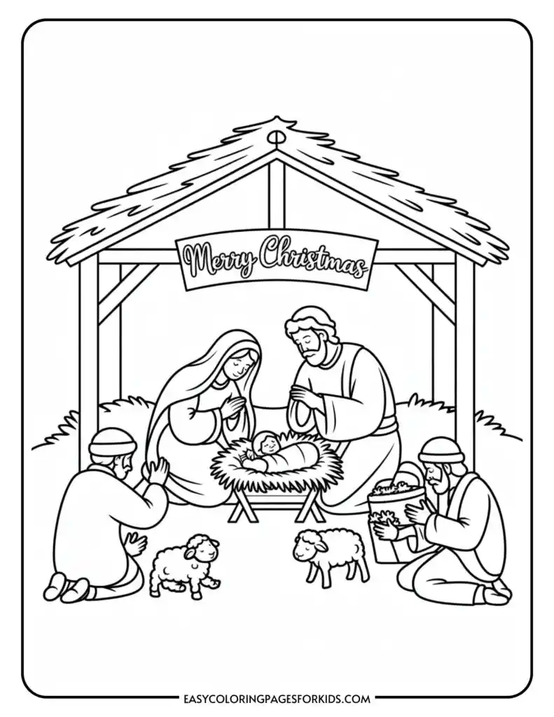 A coloring page featuring a nativity scene with Mary, Joseph, and baby Jesus in a manger surrounded by shepherds and sheep under a stable with a 'Merry Christmas' sign.