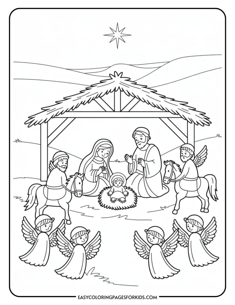 A nativity scene coloring page showing Mary and Joseph with baby Jesus in a manger, surrounded by angels and a star overhead, set in a stable with animals.