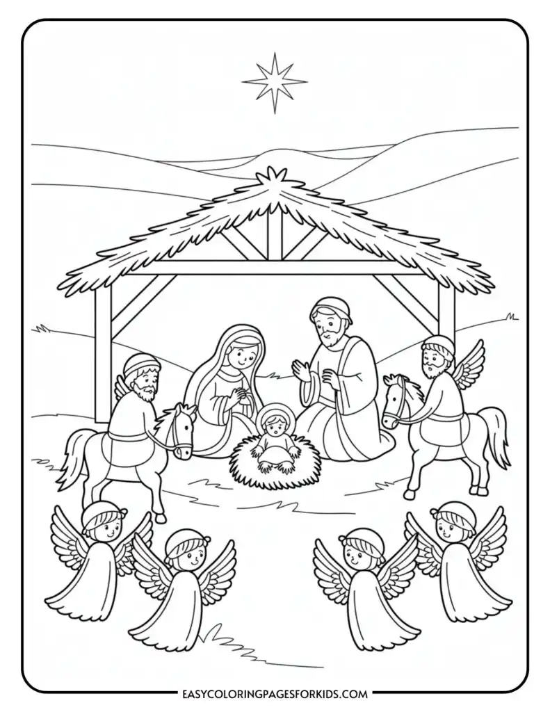 A nativity scene coloring page showing Mary and Joseph with baby Jesus in a manger, surrounded by angels and a star overhead, set in a stable with animals.