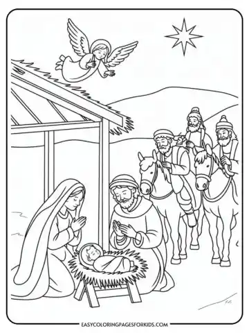 A coloring page depicting a nativity scene with Mary and Joseph kneeling beside baby Jesus in a manger. An angel hovers above, and three wise men approach on camels, guided by a bright star.