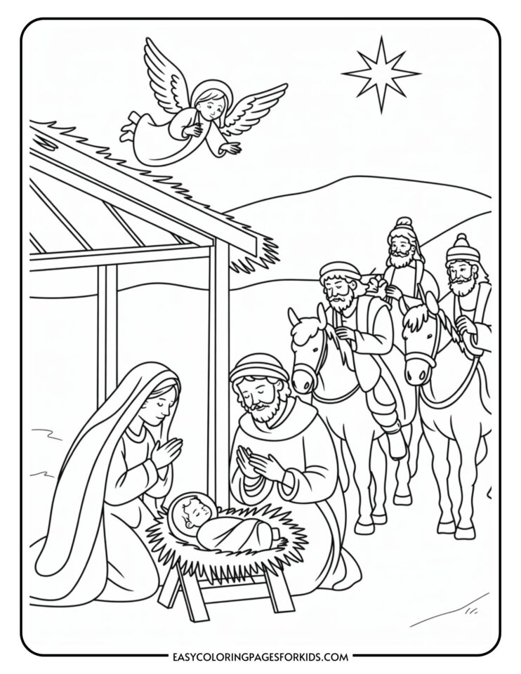 Christmas Nativity Scene Coloring Pages (10 Printable Pages) - Easy ...