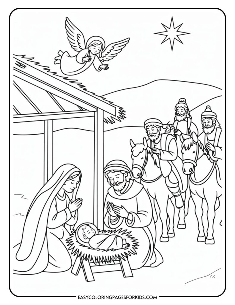 A coloring page depicting a nativity scene with Mary and Joseph kneeling beside baby Jesus in a manger. An angel hovers above, and three wise men approach on camels, guided by a bright star.