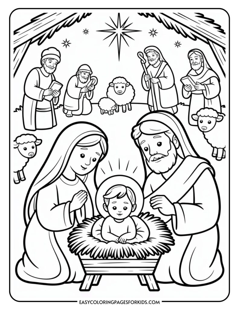 A coloring page of a nativity scene featuring Mary, Joseph, and baby Jesus in a manger under a starry sky. Surrounding them are three wise men, shepherds with staffs, and sheep. A large star shines above the stable.