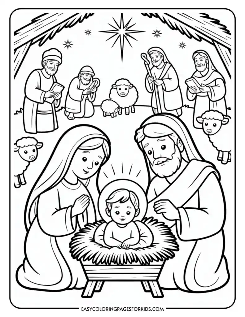 A coloring page of a nativity scene featuring Mary, Joseph, and baby Jesus in a manger under a starry sky. Surrounding them are three wise men, shepherds with staffs, and sheep. A large star shines above the stable.