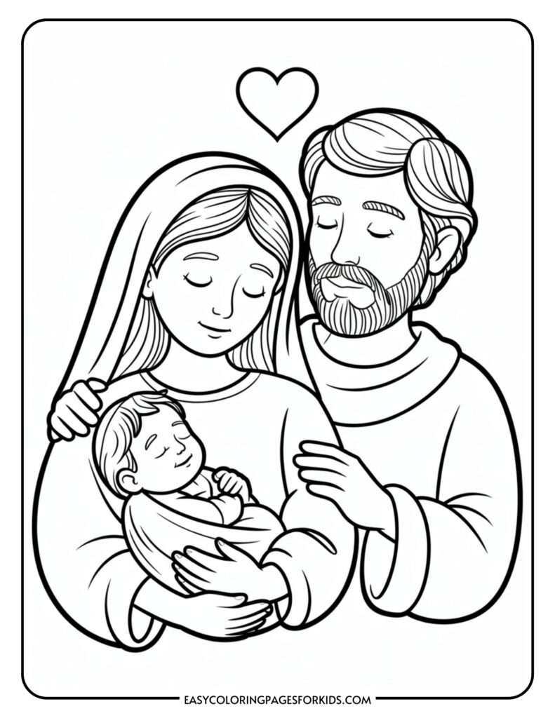 Line drawing of a serene family scene with a man and woman holding a baby, both with peaceful expressions; a heart symbol is above them.