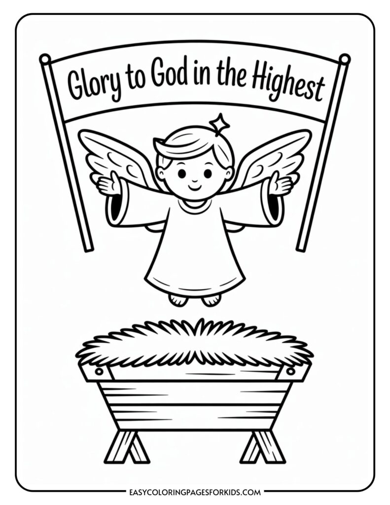 Black and white illustration of a smiling angel with wings and a star above its head, holding a banner that reads 'Glory to God in the Highest,' above a manger filled with hay.