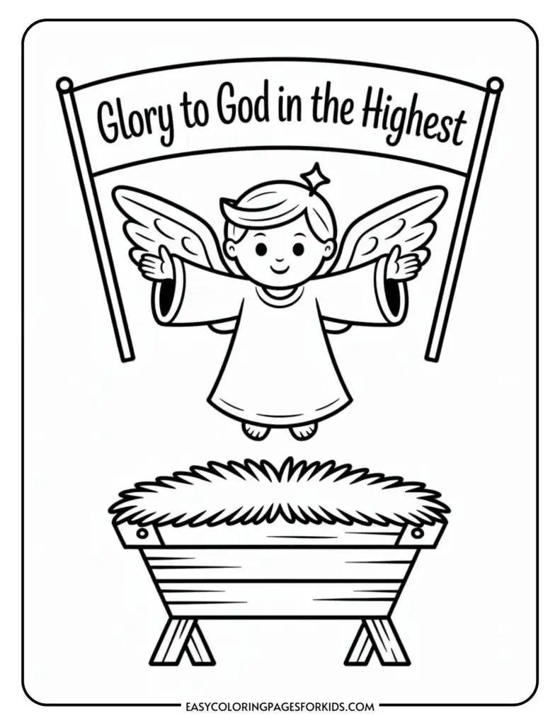 Black and white illustration of a smiling angel with wings and a star above its head, holding a banner that reads 'Glory to God in the Highest,' above a manger filled with hay.