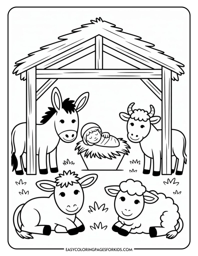 A coloring page depicting a nativity scene with a baby lying in a manger under a stable, surrounded by a donkey, cow, sheep, and a small goat.