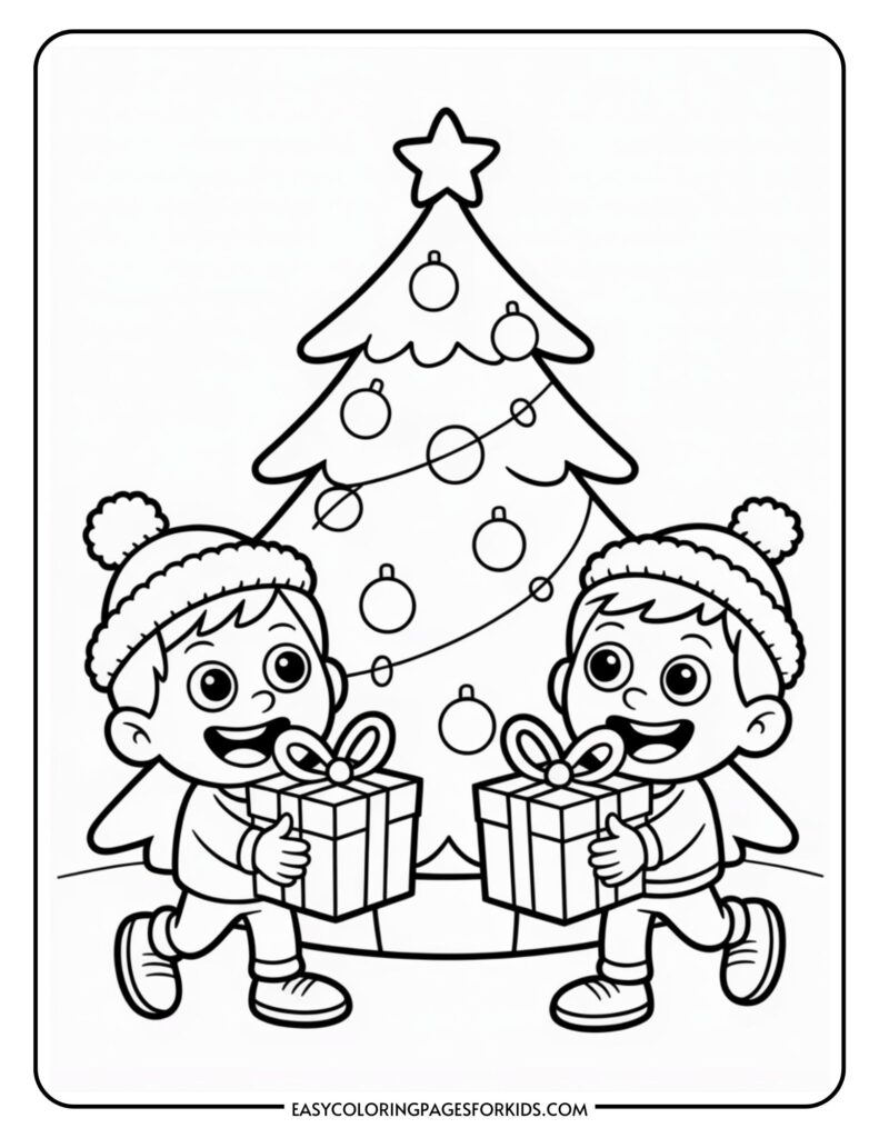 Two cartoon children wearing winter hats and scarves hold presents in front of a decorated Christmas tree with a star on top.