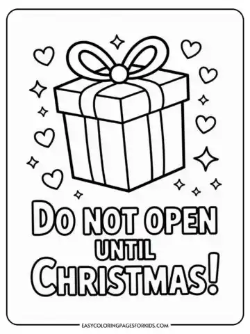 Christmas coloring page featuring a wrapped gift box with a bow surrounded by hearts and stars, and the text 