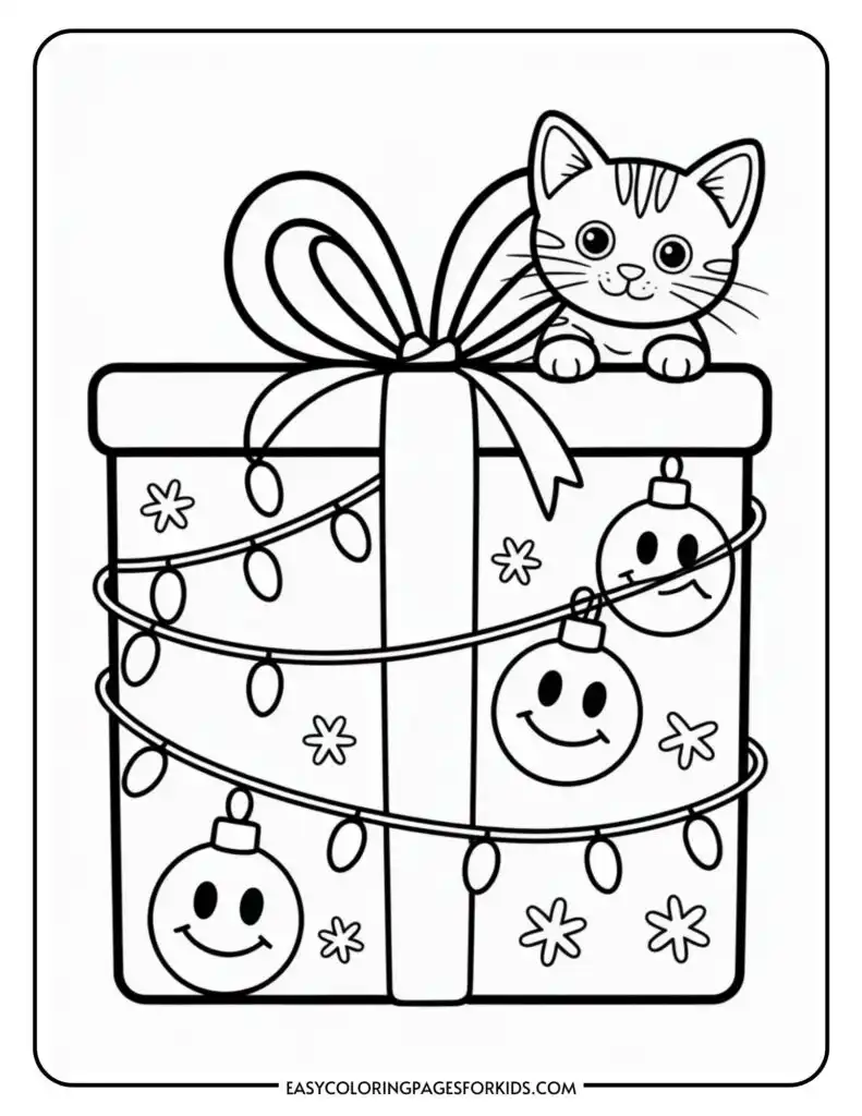 A coloring page featuring a cute cat popping out of a gift box, decorated with a large bow, Christmas lights, and smiling ornaments.